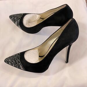 EMY MACK BLACK SUEDE PUMPS, SILVER DESIGN AT TOES. 4.5” HEELS. PADDED IN…